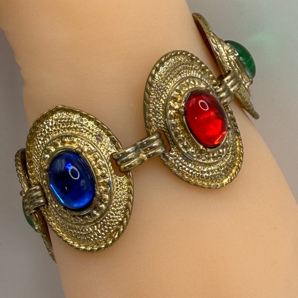 VTG Etruscan Revival 10K Gold Plate Panel Bracelet Red Blue Green Glass Cabochon
